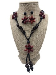 New Artisan Handmade Wooden Seeds Bead Flower Necklace Earrings Set
