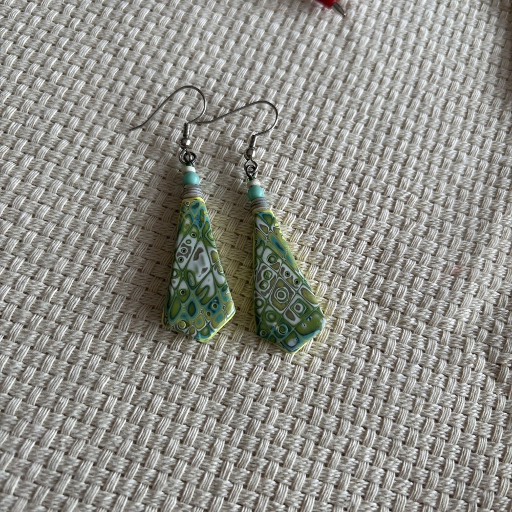 Hand Mage Multi Colored Polymer Clay Dangling Earrings 2.5 Inch