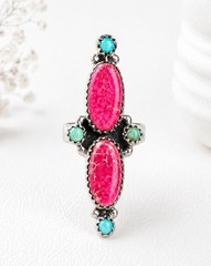 Sterling Silver Native Style SW Turquoise & Pink Jasper Ring Adjustable 6.5-8.5
