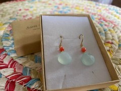 Aqua chalcedony earrings mint and coral and gold dangles