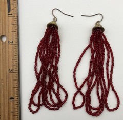 Boho Brass and Garnet Glass Seed Bead 3.5” Multistrand Dangle Earrings Pierced