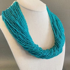 Vintage 1984 India Coin Teal Glass Seed Bead Multi Strand Crochet Necklace 21″