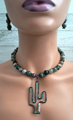 Southwestern Patina Seguaro Cactus Pendant Fancy Jasper Necklace & Earring Set
