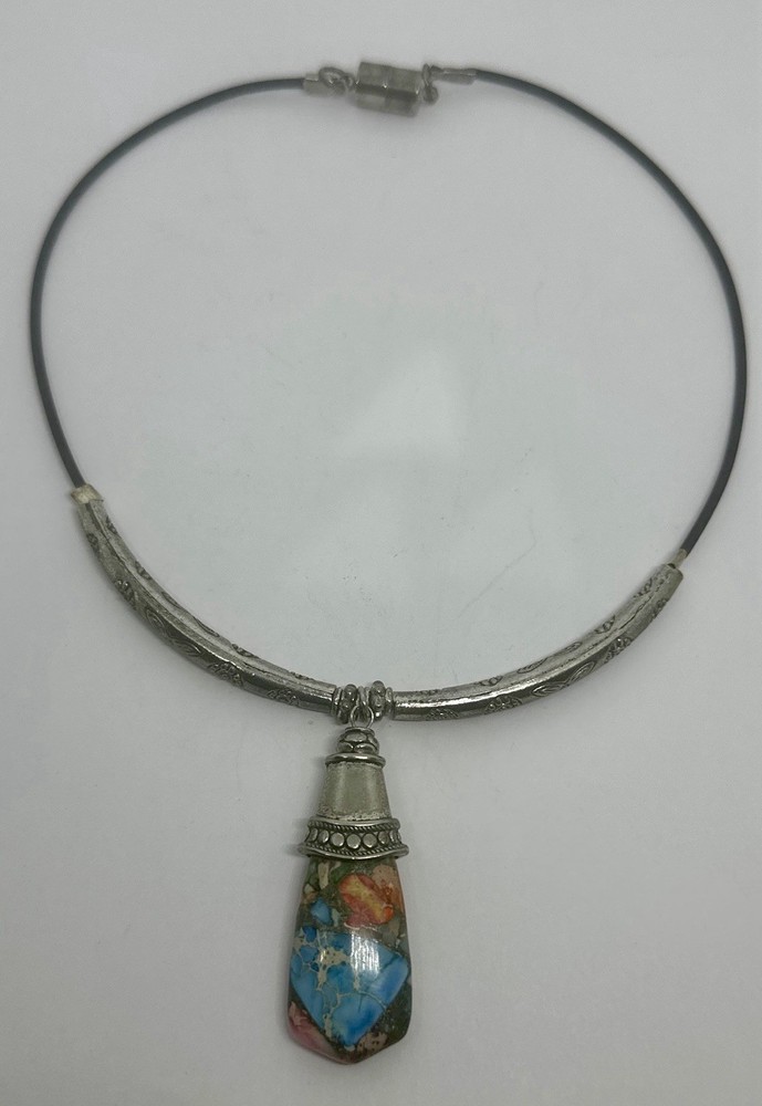 Sea Sediment Jasper Pendant 14″ Silver Tone Necklace Magnetic Clasp
