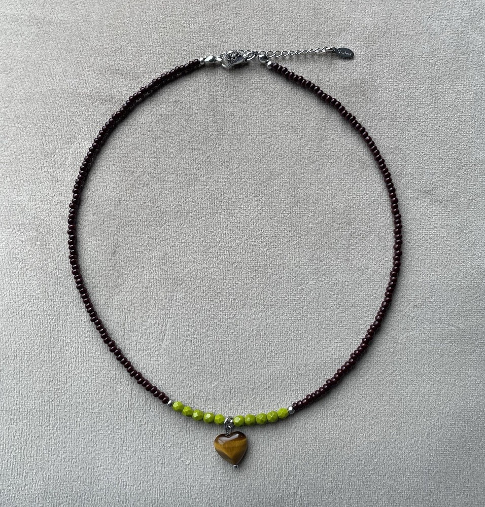 TIGER’S EYE Charm Dainty Choker Necklace 16.5” Chocolate Brown Czech Seed Beads