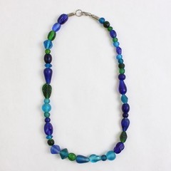Green and Blue Tumbled Glass Beaded Necklace 19″