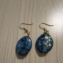 Handcrafted Blue Gold Oval Dangle Earrings for Women, Hook Closure, No Stone