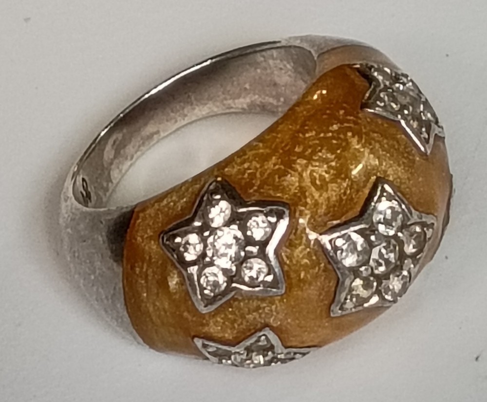 Angelique de Paris Sterling Silver Honey Color Resin 5 Star CZ Dome Ring Size 7