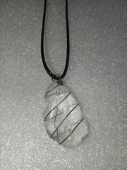 Clear Quartz Crystal Necklace Handmade Silver Wire Wrap Pendant Black Cord Chain