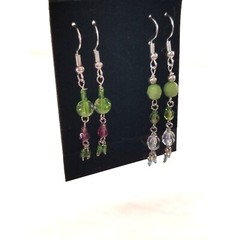 Handmade Dangle Drop Earrings Green Blue Pink Glass Beads .925 Hooks Set 2