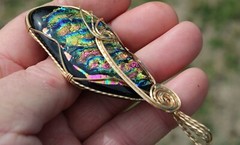 Large Dichroic Glass Pendant 14K Gold Filled Wire-Wrapped Iridescent Multi Color