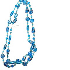 New artisan necklace double layer crafted handmade blue Venetian glass beads 24″