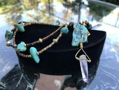 Howlite Bead Necklace with Amethyst Crystal Pendant – Boho Style, 1990s, Vintage