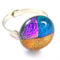 Dichroic Glass Ring Adjustable 1/2″ 12mm Pink Green Gold Copper Round Patchwork