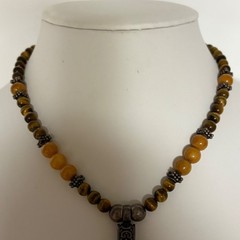 Tigers Eye Beaded Necklace Textured Square Pendant Boho Artisan Jewelry 18 in