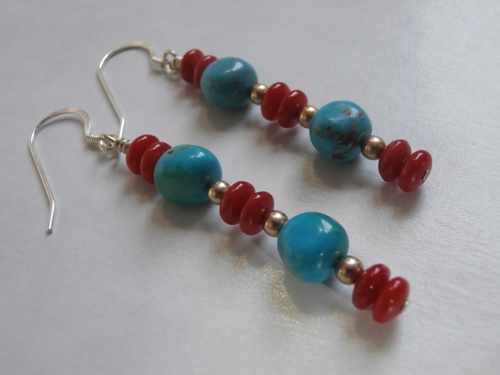 Sterling Silver 14k Gold Bead Turquoise And Coral Natural Colorful Earrings 2″