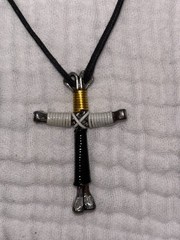 Hand Crafted Cross Necklace Adjustable Length Horseshoe Steel & Colored Twine