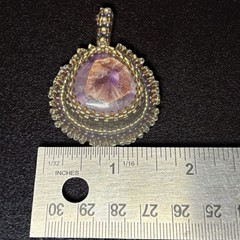 Handmade Bead-Embroidered Amethyst & Hematite Pendant