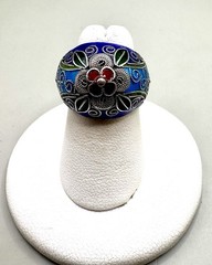 Old Chinese Silver Enameled Floral Motif Tapered Dome Ring Size 5.5