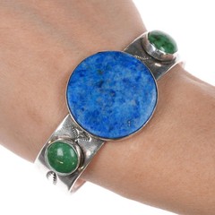 6.5″ Anderson Parkett Navajo sterling, green turquoise denim lapis cuff bracelet