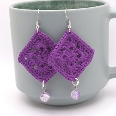 Handmade Crochet Earrings – Purple Granny Square – Cotton – Crackle Glass