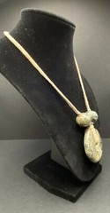 Necklace Grey Green Agate Stone Disc & Bead on Beige Leather