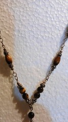 Vintage Tigereye Wood Bead Graphic Feldspar Teardrop Silver Metal Lobster Clasp