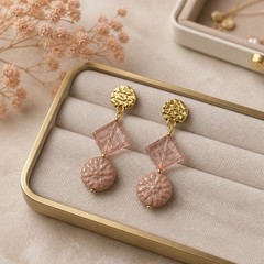 Lone Elm Creations Handcrafted Pink Geometric Dangle Earrings Butterfly Gold
