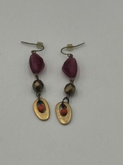 Artisan Brass Tone Dangle Earrings Pink Glass Beads Orange Accent Boho