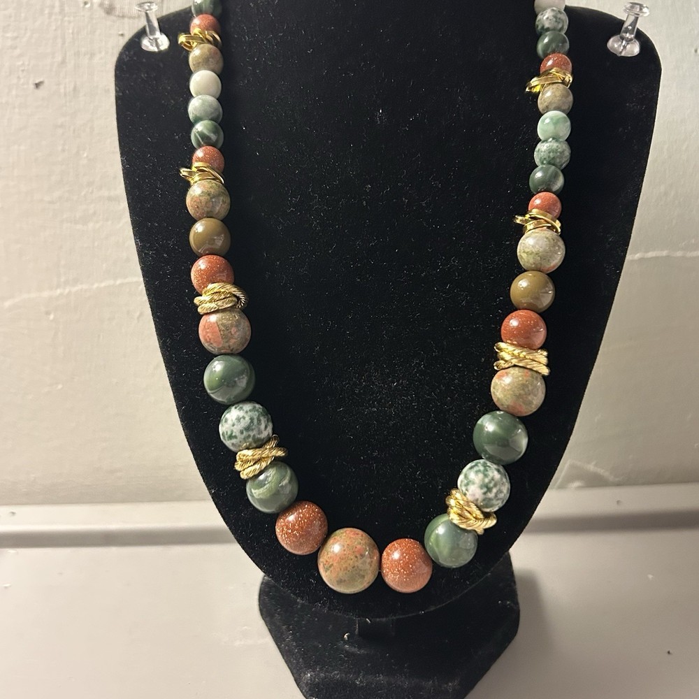 Handcrafted Beaded Jasper Necklace Green Brown Stone Gold-Tone Accents Women