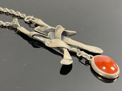 Sterling Silver & Carnelian Pendant Necklace – 24g – Handmade Modernist