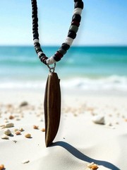 Wooden Surfboard Necklace – 1.75″ Beaded Pendant with Fin Detail, Handmade