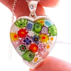 Millefiori of Venice Pendant Murano Glass Heart Floral Sterling Silver 925 Italy