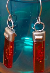 High-quality, ultramodern, handmade silver & reddish brown amber earrings-2.5″ L