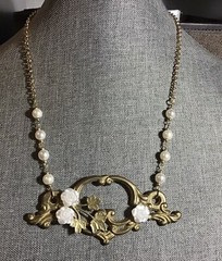 Rose Necklace- Leaves & Roses On Vintage Hardware,faux Pearl Beads , 20” Chain