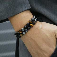 Natural Obsidian Tiger Eye Hematite Braided Beads Triple Protection Bracelet