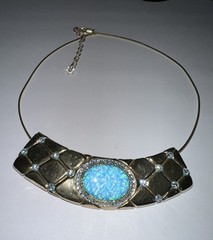 Handmade 925 Statment Necklace Faux Opal Blue / Gold Piece Signed «S.O» or «O.S»