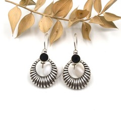 Lightweight Boho Bohemian Silver Black Zircon Fluted Crescent Dangle Earrings