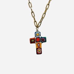 Italian Murano Glass Cross Pendant Necklace Goldtone Paper Clip Chain Vintage