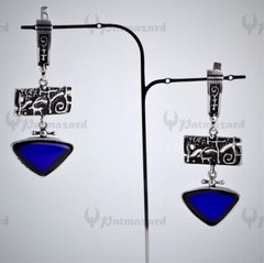Sterling Silver Earrings With Sapphire Stone and Ancient Hieroglyphs Handmade