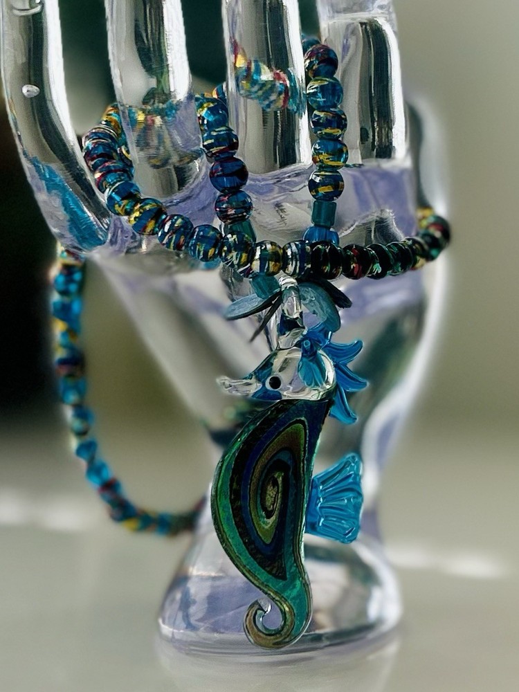 Blown Glass Seahorse And Glass Bead Necklace