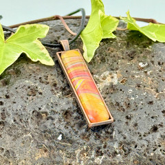 Handmade Pendant Necklace «Fiery Flow» Long Copper Bezel Glass Black Cord