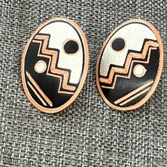 Pierced Earrings Copper Oval Black Silver Aztec Abstract Design Retro Boho Mod