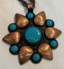 Vintage BELL TRADING POST Signed Solid Copper Turquoise Necklace Pendant 30In