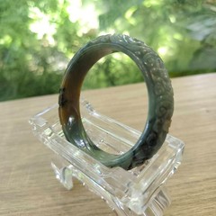 Natural Burmese Jade Bangle Carved Flowers Yellow Green Black Inner 57 mm