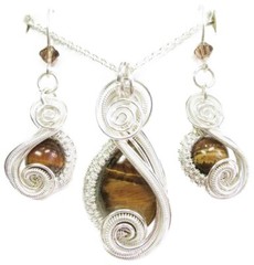 Golden Tiger Eye & Swarovski Crystal Earrings/Necklace Set in Sterling Silver