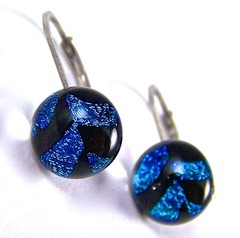 DICHROIC Glass Earrings Blue Cobalt Black Chevron Eurowire Lever Dangle 1/4″ 7mm