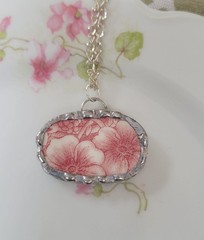 Broken China Red Floral Transferware Soldered Pendant Necklace