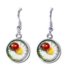 Daisy Flower with Ladybug Nature Handmade Resin Dangling Earrings SILVER PLATED