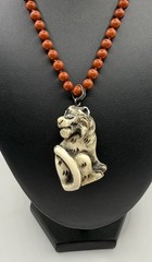 JKa Signed Jasper Necklace With Carved Tiger Netsuke Pendant Vintage Sterling